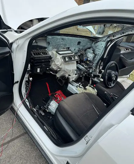 Vehicle interior with the dashboard removed